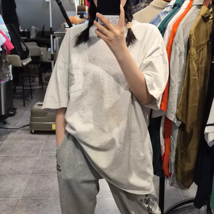 [BUNJANG] NO.9 Harley Davidson One Pocket Back Print Short Sleeve T-Shirt (Back Melange) / [NO.9] 할리 데이비슨 원포켓 백프린팅 반팔 티셔츠 백멜란지