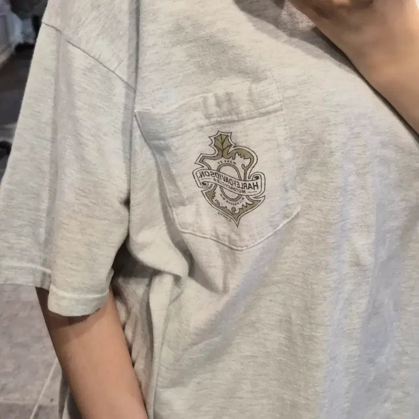 [BUNJANG] NO.9 Harley Davidson One Pocket Back Print Short Sleeve T-Shirt (Back Melange) / [NO.9] 할리 데이비슨 원포켓 백프린팅 반팔 티셔츠 백멜란지