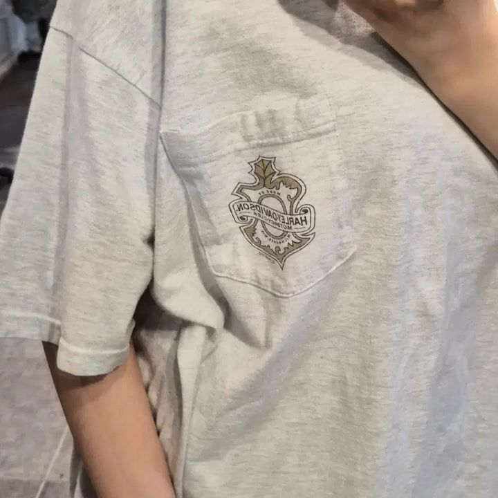 [BUNJANG] NO.9 Harley Davidson One Pocket Back Print Short Sleeve T-Shirt (Back Melange) / [NO.9] 할리 데이비슨 원포켓 백프린팅 반팔 티셔츠 백멜란지