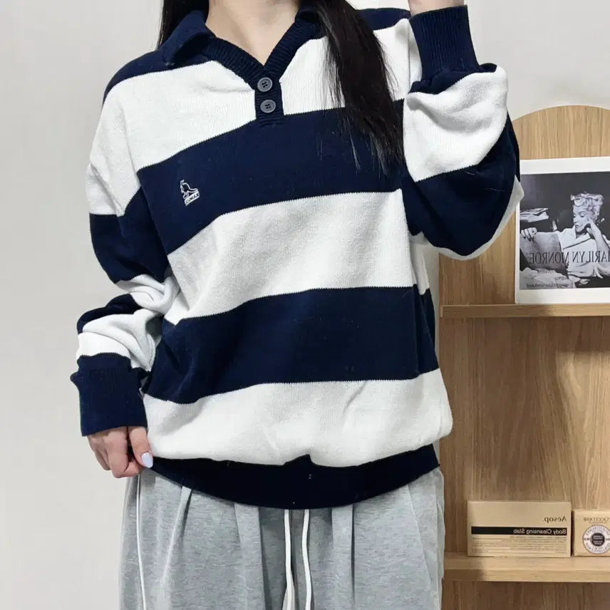 [BUNJANG] Kangol Striped Collar Knit Sweater (M) / [정품] 캉골 단가라 카라 니트 [ M ]