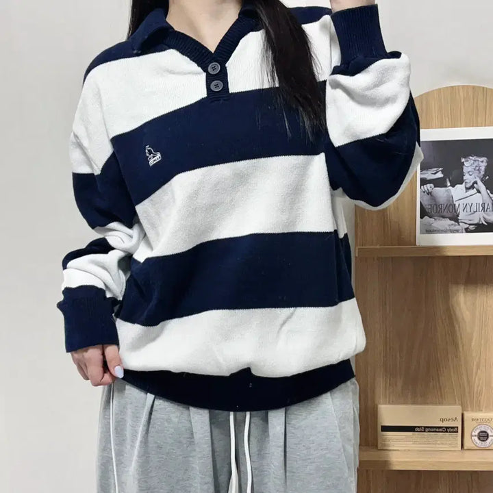 [BUNJANG] Kangol Striped Collar Knit Sweater (M) / [정품] 캉골 단가라 카라 니트 [ M ]