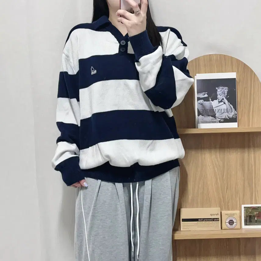 [BUNJANG] Kangol Striped Collar Knit Sweater (M) / [정품] 캉골 단가라 카라 니트 [ M ]