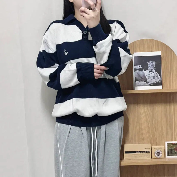 [BUNJANG] Kangol Striped Collar Knit Sweater (M) / [정품] 캉골 단가라 카라 니트 [ M ]