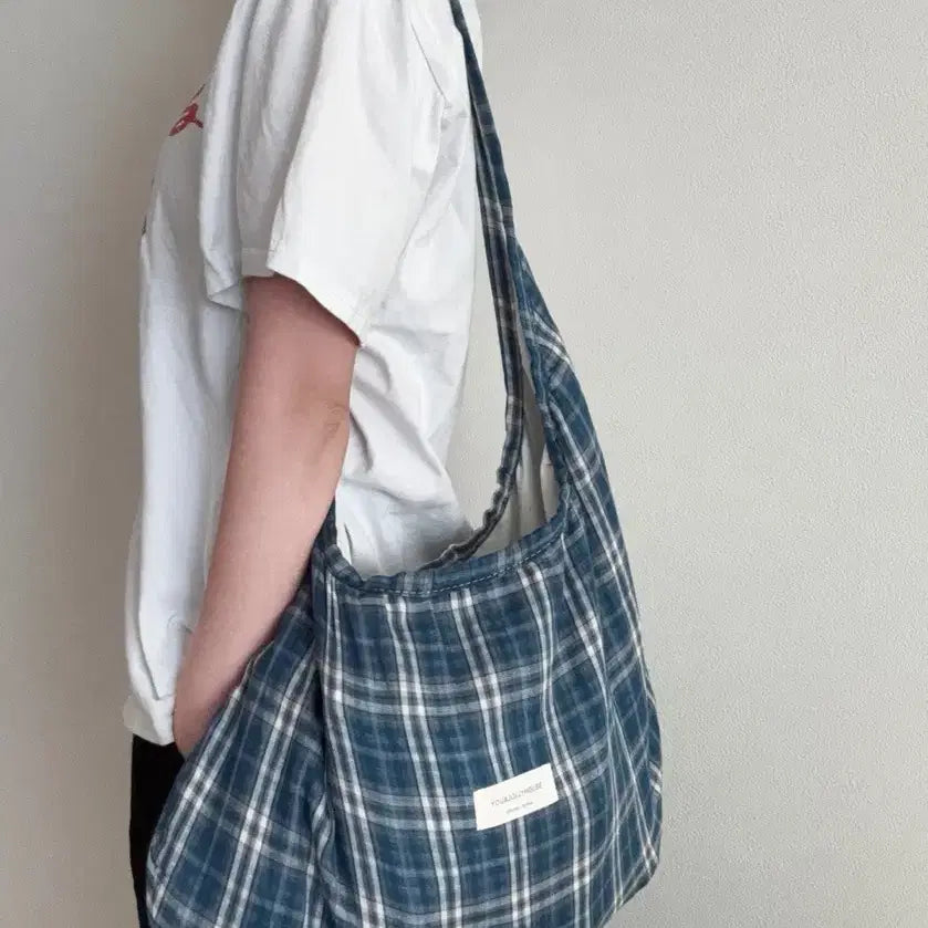 [BUNJANG] Blue Check Two-Way Crossbody Shoulder Eco Bag / 새상품) 블루체크 끈조절 크로스백겸 숄더에코백