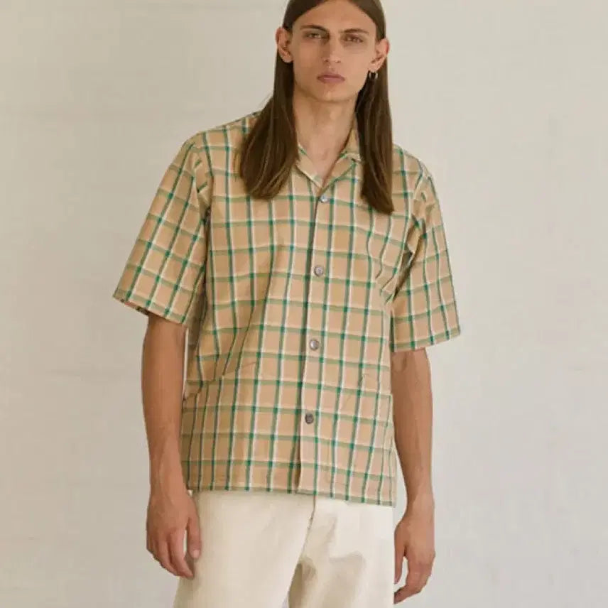 [BUNJANG] SUNFLOWER Beige Green Check Pattern Short Sleeve Shirt (L) / SUNFLOWER 썬플라워 반팔셔츠