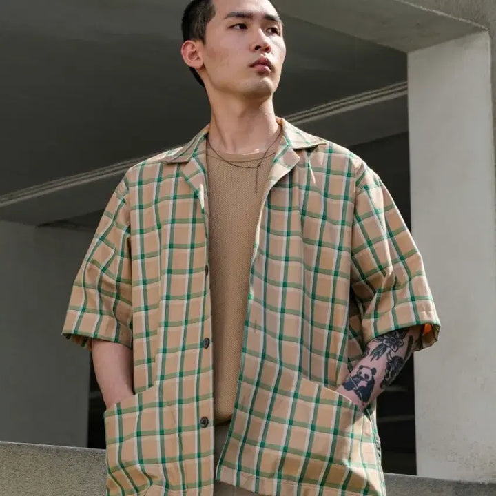[BUNJANG] SUNFLOWER Beige Green Check Pattern Short Sleeve Shirt (L) / SUNFLOWER 썬플라워 반팔셔츠