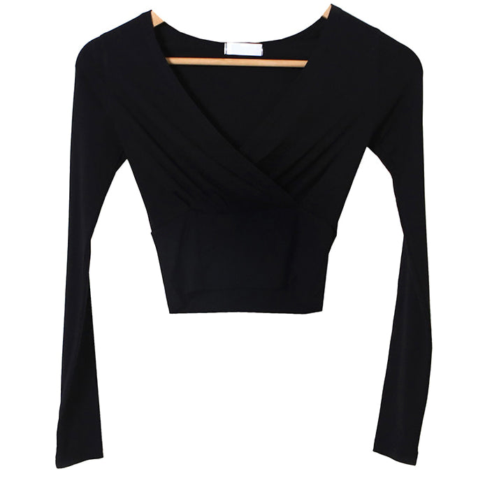 [BUNJANG] Black Ribbed V-Neck Long Sleeve Top / 블랙 랩 브이넥 긴팔티 (착샷)