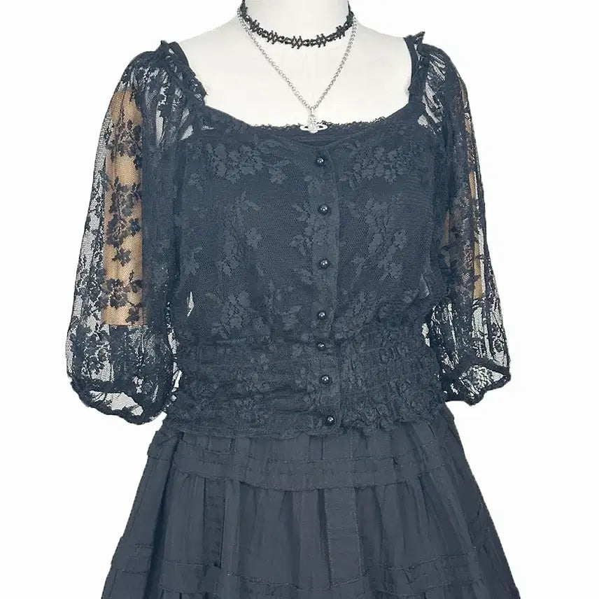 [BUNJANG] Vintage Lace Mesh Balloon Sleeve Crop Top / 일본빈티지 미사용시스루레이스망사벌룬셔크롭티블랙모리걸하구미룩갸루y2k히피