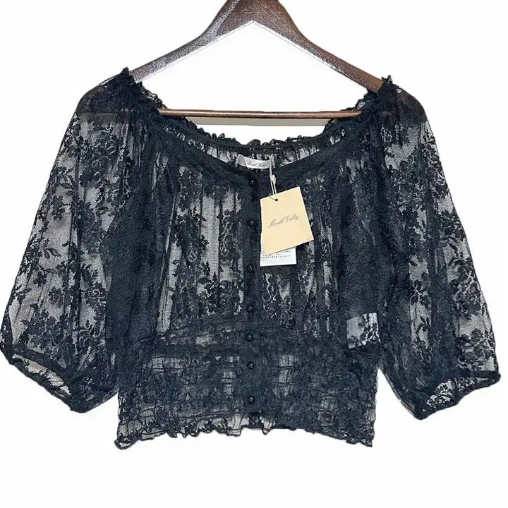 [BUNJANG] Vintage Lace Mesh Balloon Sleeve Crop Top / 일본빈티지 미사용시스루레이스망사벌룬셔크롭티블랙모리걸하구미룩갸루y2k히피