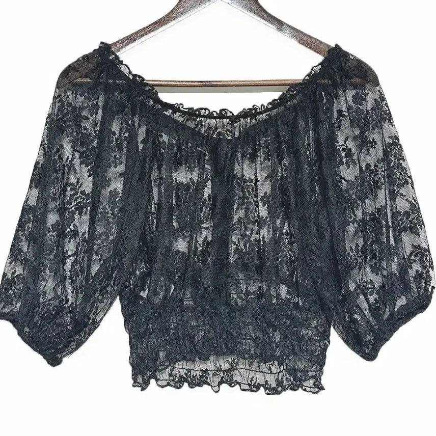 [BUNJANG] Vintage Lace Mesh Balloon Sleeve Crop Top / 일본빈티지 미사용시스루레이스망사벌룬셔크롭티블랙모리걸하구미룩갸루y2k히피