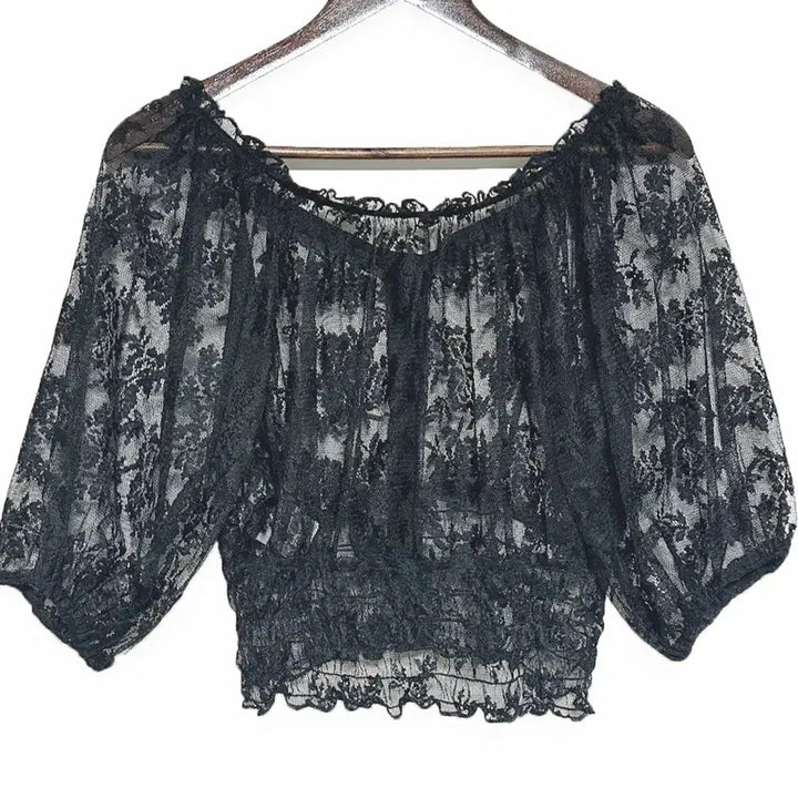 [BUNJANG] Vintage Lace Mesh Balloon Sleeve Crop Top / 일본빈티지 미사용시스루레이스망사벌룬셔크롭티블랙모리걸하구미룩갸루y2k히피