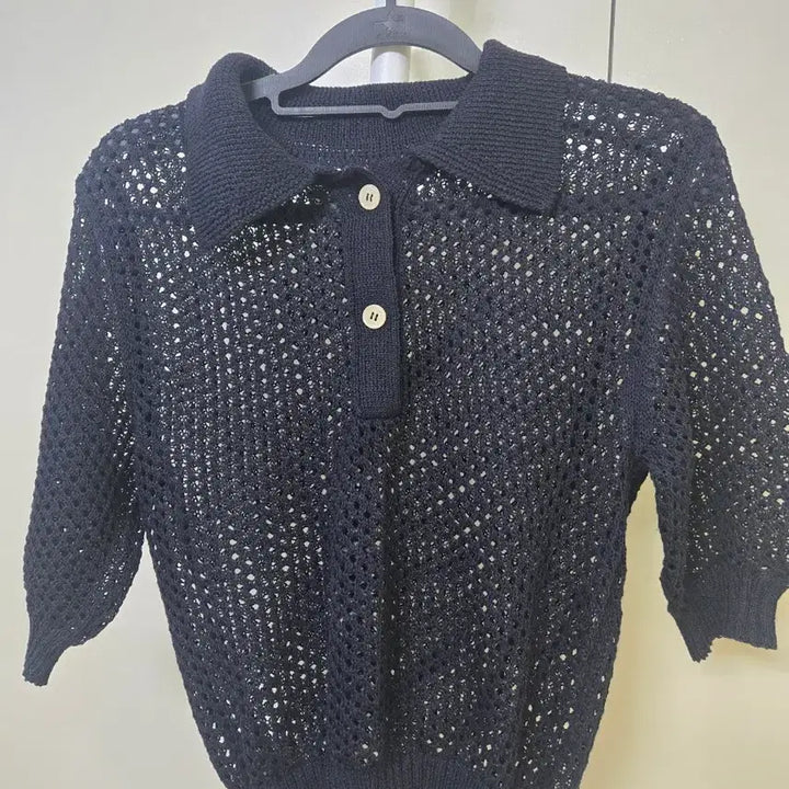 [BUNJANG] Black Knit Short Sleeve Polo T-Shirt / 블랙 니트 반팔 카라 티셔츠