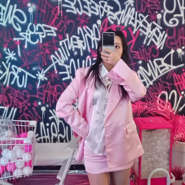 [BUNJANG] Pink Two-Piece Set (Jacket + Skirt) / 핑크색 투피스 세트 (자켓 + 스커트)