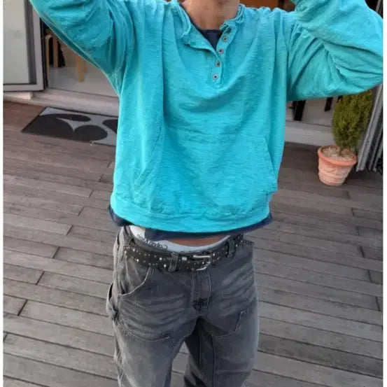 [BUNJANG] Vintage Mint Green Henley Long Sleeve T-shirt / 빈티지 민트색 버튼 긴팔 티셔츠 (터키색 헨리넥) 새상품