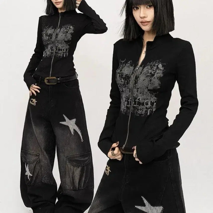 [BUNJANG] Gothic Punk Street Zip-Up Hoodie / 고딕 펑크 스트릿 지퍼 후드집업