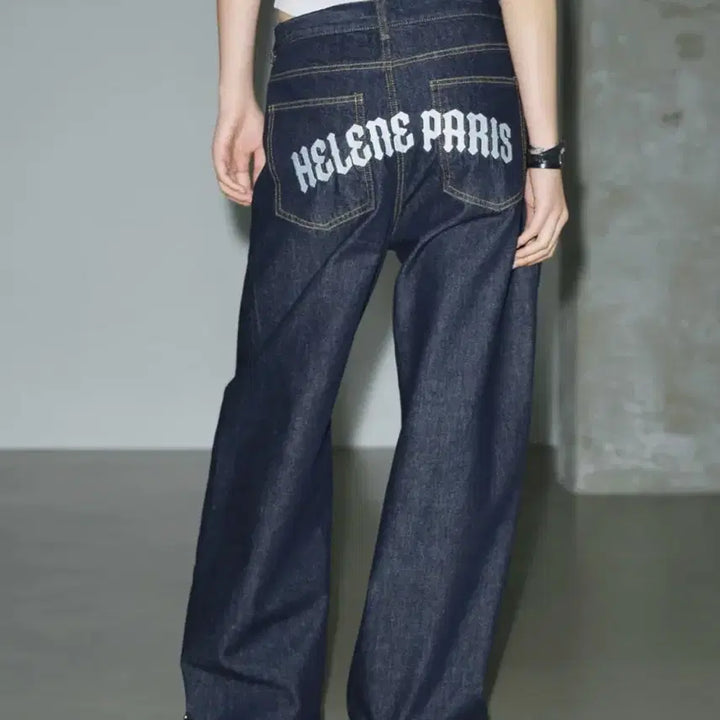 [BUNJANG] Helene Paris Logo Needle Point Wide Denim Pants / 헬레네파리스 로고 니들 포인트 와이드 데님 팬츠 [블루 블랙]