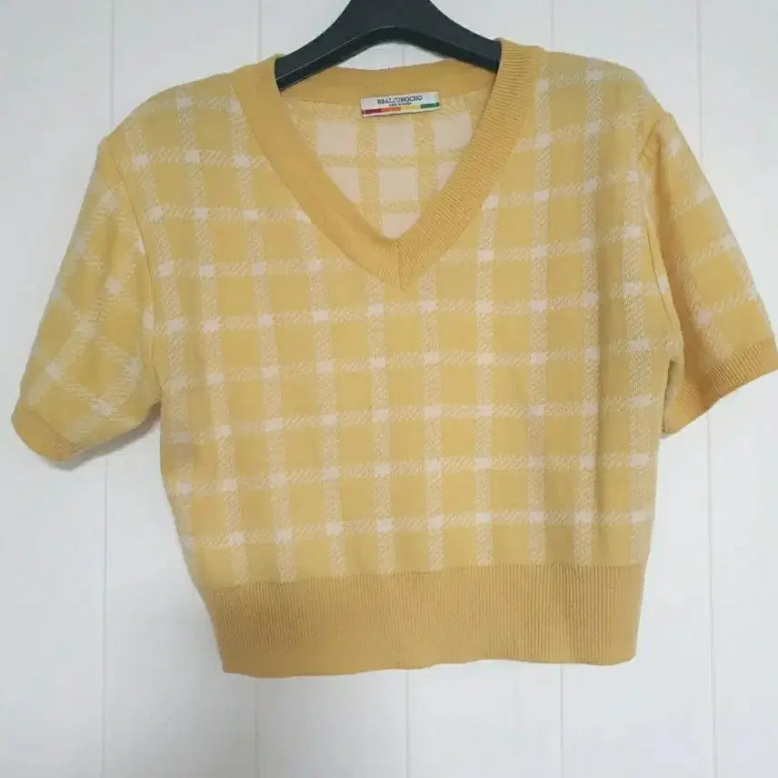 [BUNJANG] Yellow Checkered Short Sleeve Knit Top / (오늘특가) 옐로우 체크 반팔 니트