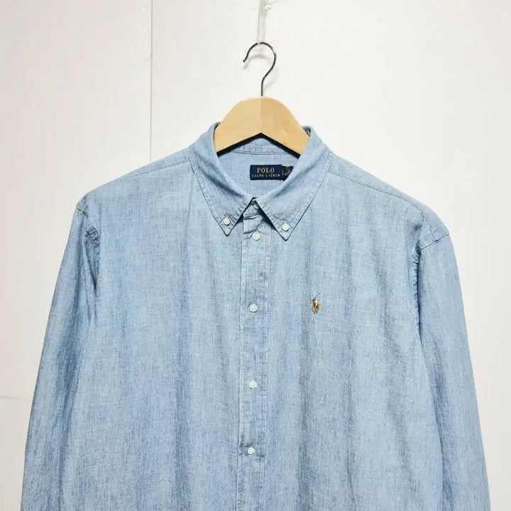 [BUNJANG] Unisex 2024 Polo Denim Long Sleeve Shirt / 남성 여성 공용 2024 폴로 큐알 데님 청 긴팔 남방 셔츠