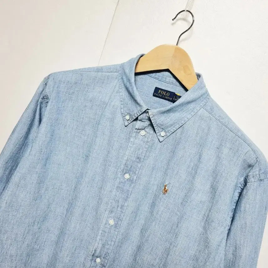 [BUNJANG] Unisex 2024 Polo Denim Long Sleeve Shirt / 남성 여성 공용 2024 폴로 큐알 데님 청 긴팔 남방 셔츠