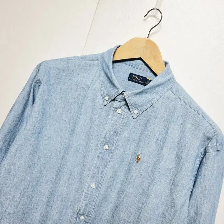 [BUNJANG] Unisex 2024 Polo Denim Long Sleeve Shirt / 남성 여성 공용 2024 폴로 큐알 데님 청 긴팔 남방 셔츠