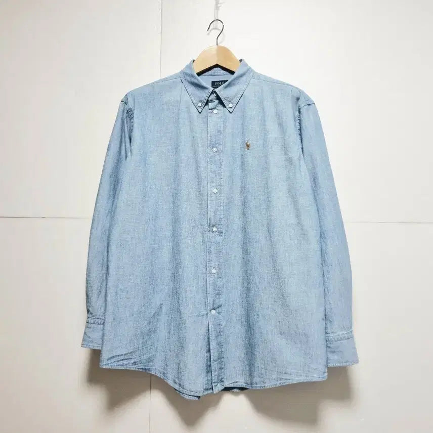 [BUNJANG] Unisex 2024 Polo Denim Long Sleeve Shirt / 남성 여성 공용 2024 폴로 큐알 데님 청 긴팔 남방 셔츠