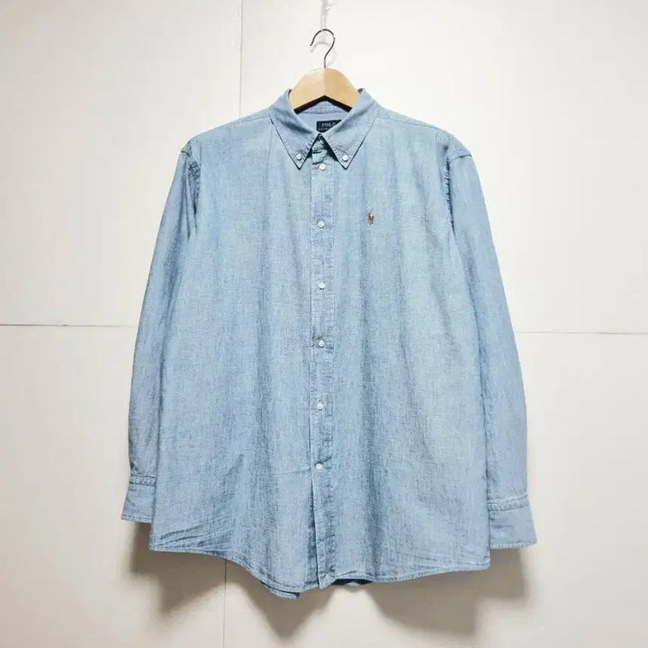 [BUNJANG] Unisex 2024 Polo Denim Long Sleeve Shirt / 남성 여성 공용 2024 폴로 큐알 데님 청 긴팔 남방 셔츠