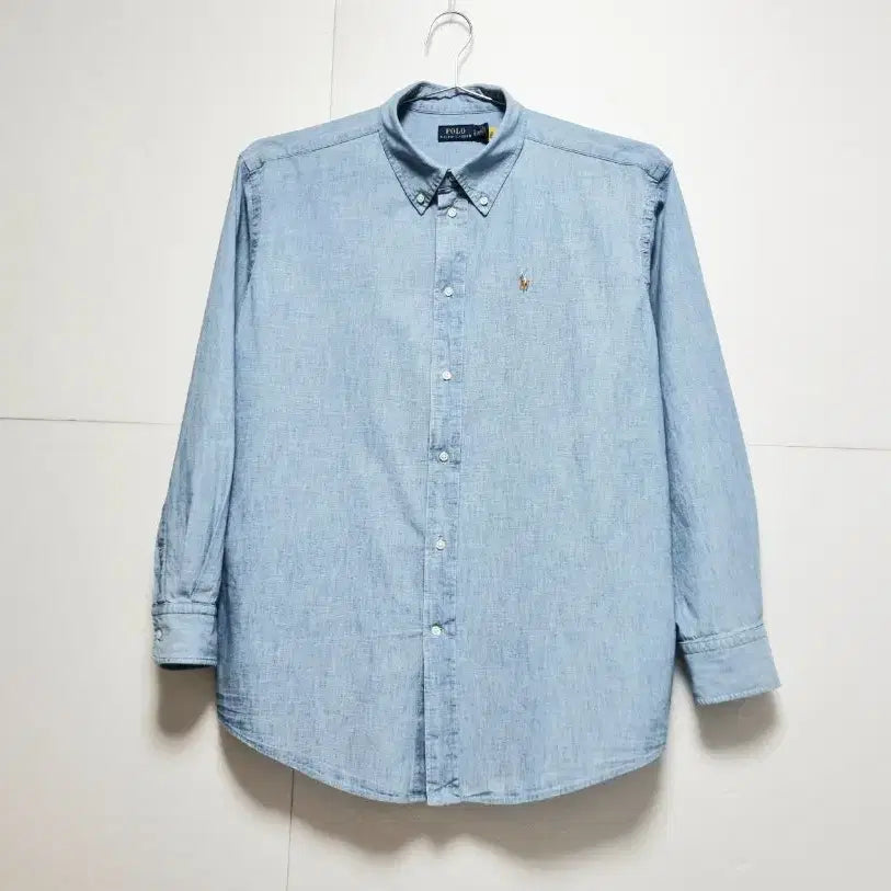 [BUNJANG] Unisex 2024 Polo Denim Long Sleeve Shirt / 남성 여성 공용 2024 폴로 큐알 데님 청 긴팔 남방 셔츠