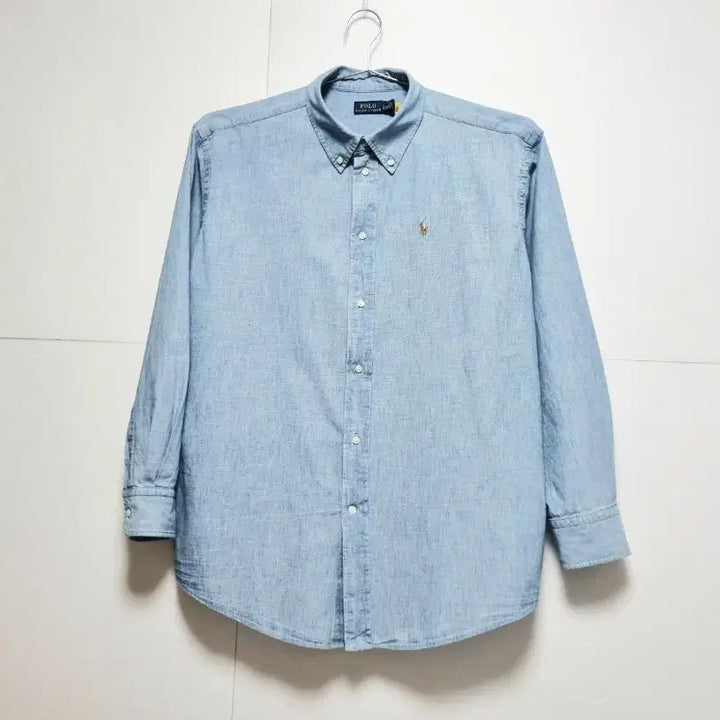 [BUNJANG] Unisex 2024 Polo Denim Long Sleeve Shirt / 남성 여성 공용 2024 폴로 큐알 데님 청 긴팔 남방 셔츠