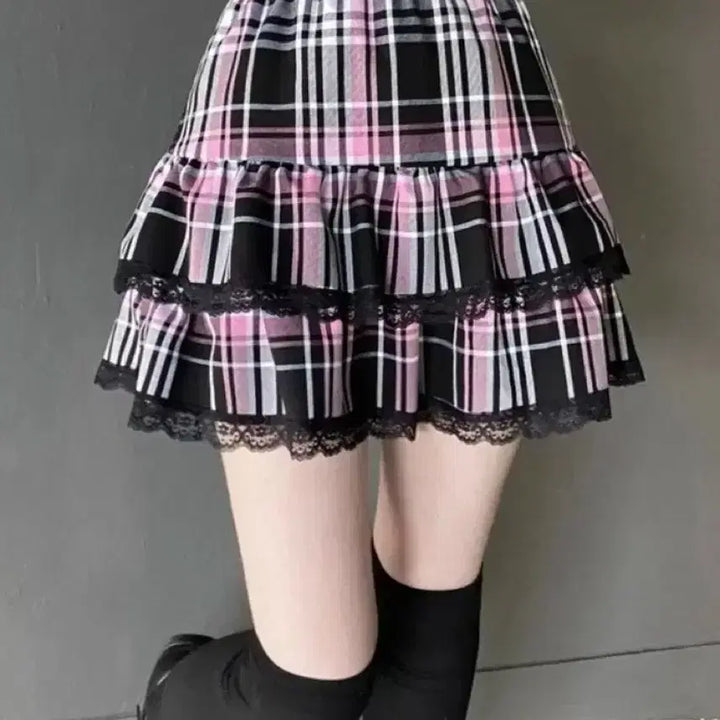 [BUNJANG] Noahsang Noah Black &amp; Pink Check Skirt / 노아상노 블랙&amp;핑크 체크 스커트
