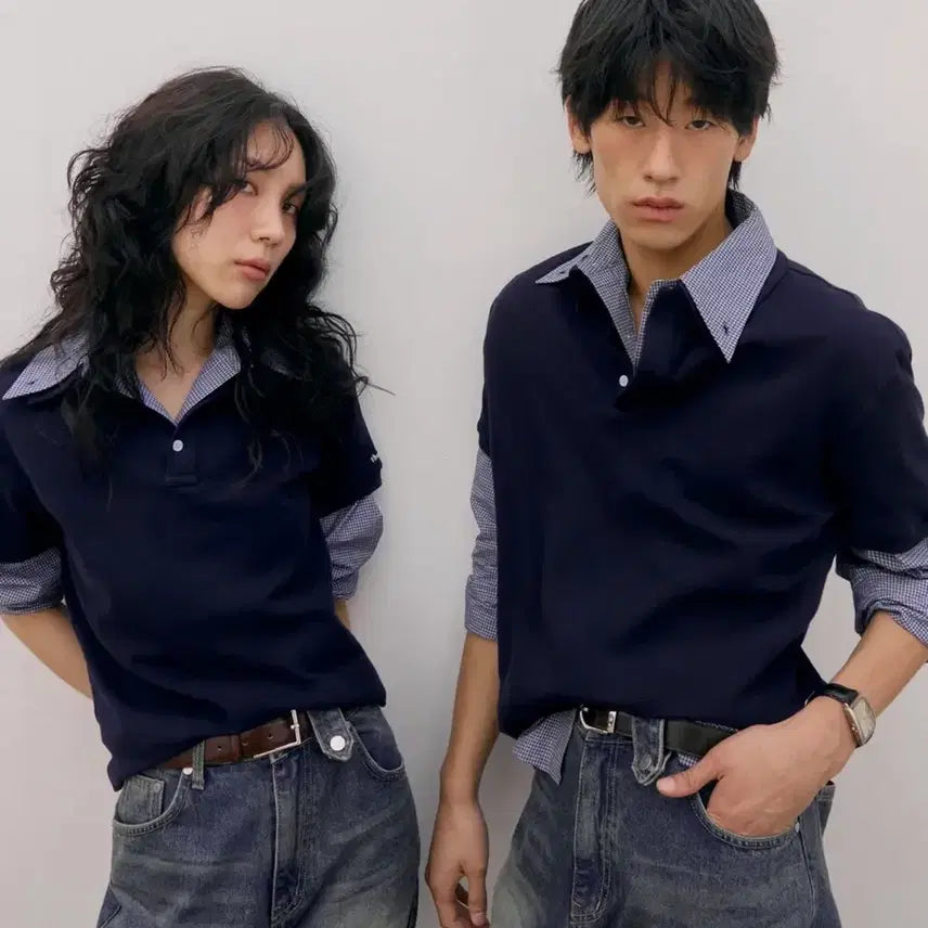 [BUNJANG] Them 80s Layered Polo Shirt Set - Navy / [2] 떼마 80s 레이어드 폴로 셔츠 세트_네이비