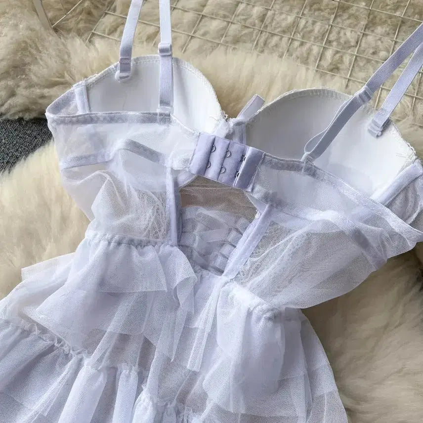 [BUNJANG] White Bustier Lace Ruffle Mini Dress / [당일발송] 화이트 뷔스티에 레이스 프릴 미니 원피스 시스루 섹시 잠옷