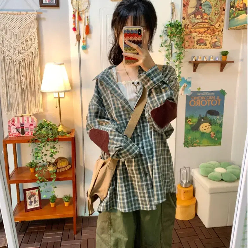 [BUNJANG] Magie Elbow Patch Vintage Checkered Shirt / 마지 magie 팔꿈치 패치 빈티지 체크 셔츠