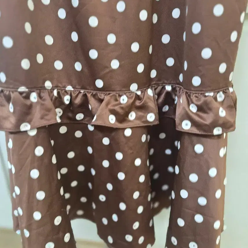 [BUNJANG] Brown Polka Dot Long Dress with Frill Detail / 브라운 물방울 롱 원피스 프릴 포인트