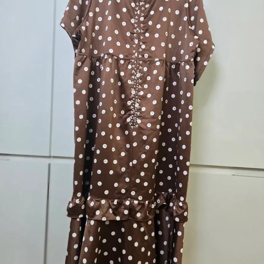 [BUNJANG] Brown Polka Dot Long Dress with Frill Detail / 브라운 물방울 롱 원피스 프릴 포인트