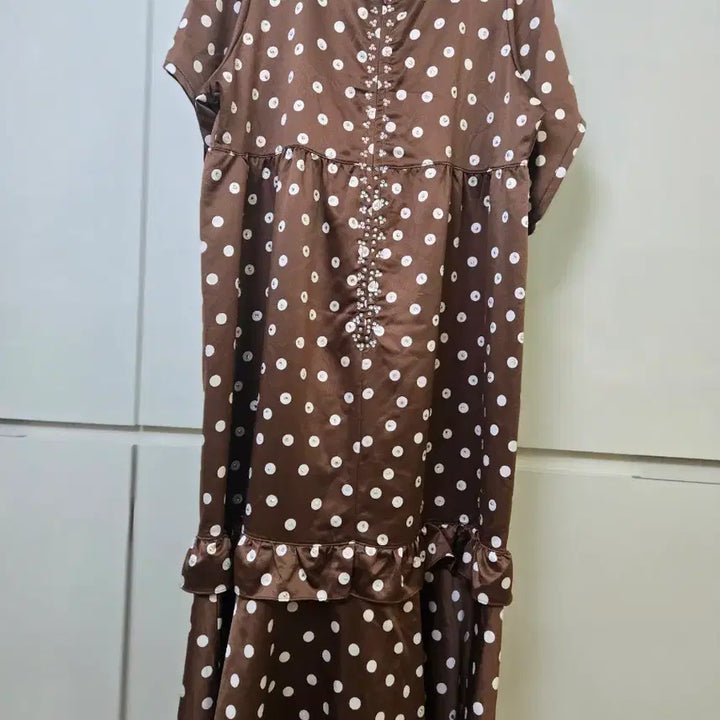 [BUNJANG] Brown Polka Dot Long Dress with Frill Detail / 브라운 물방울 롱 원피스 프릴 포인트