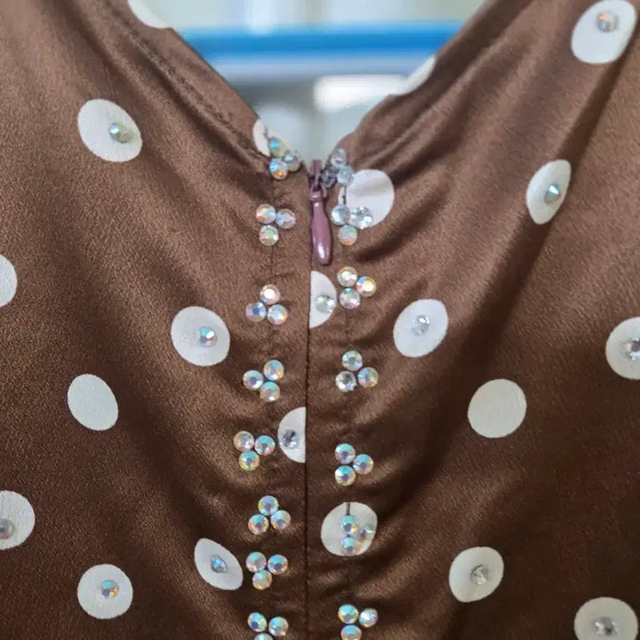 [BUNJANG] Brown Polka Dot Long Dress with Frill Detail / 브라운 물방울 롱 원피스 프릴 포인트