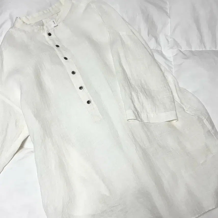 [BUNJANG] Prit Linen Henley Neck Shirt White / 린넨 헨리넥 셔츠 화이트