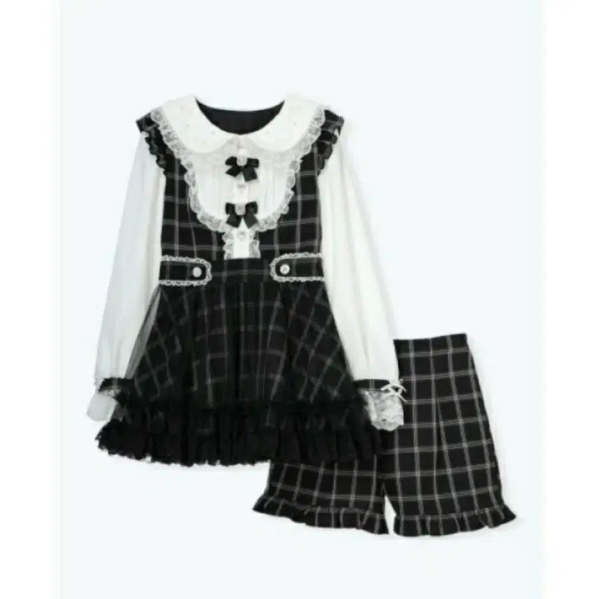 [BUNJANG] No:emi Setup Black Ribbon Check Lace Flare Frill Jire-gyeo Style / 노에미 셋업 블랙 리본 체크 레이스 플레어 프릴 양산형 지뢰계