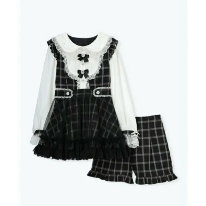 [BUNJANG] No:emi Setup Black Ribbon Check Lace Flare Frill Jire-gyeo Style / 노에미 셋업 블랙 리본 체크 레이스 플레어 프릴 양산형 지뢰계