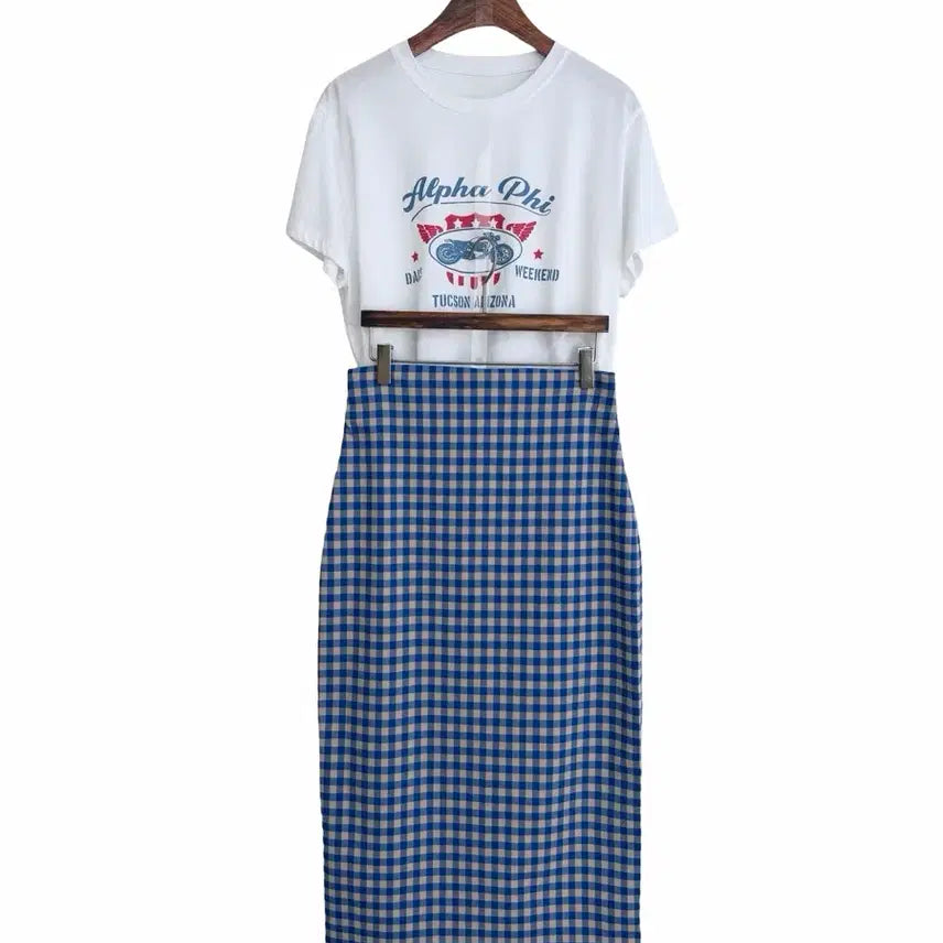 [SOLD OUT] 교신안함)블루 체크 H라인 롱 스커트
