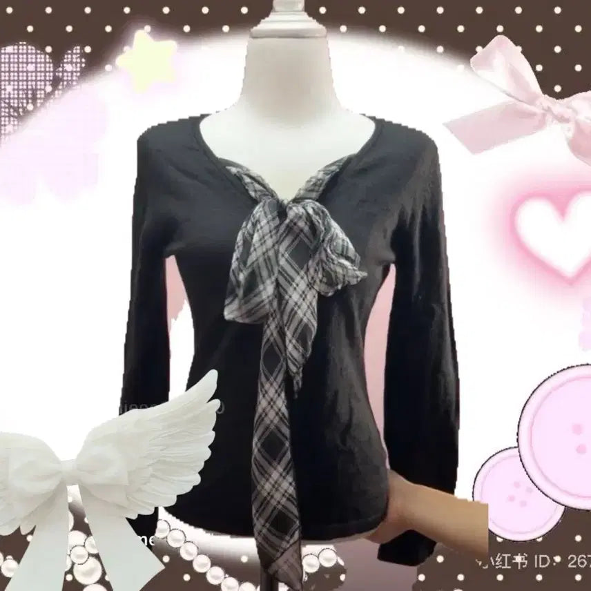 [BUNJANG] Black Ribbon Blouse Long Sleeve Top / 일녀 로걀탑 블랙 리본 블라우스 긴팔티