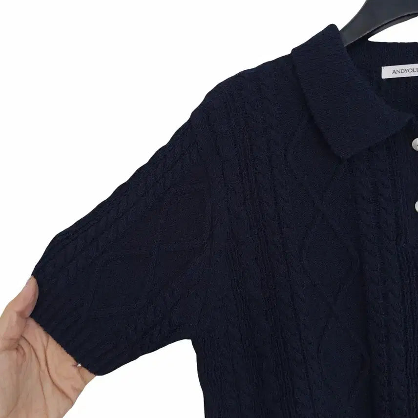 [BUNJANG] Navy Cable Button Collar Knit Top / 교신안함)네이비 케이블 버튼 카라 니트