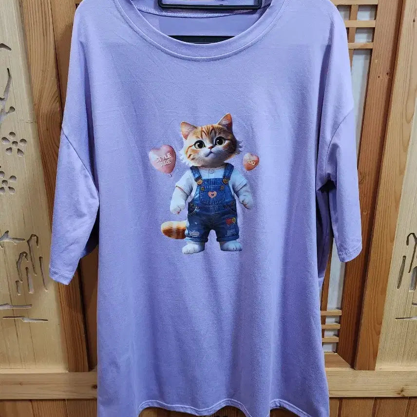 [BUNJANG] Cat Print Purple T-shirt / 고양이 스판 반팔티 (빅사이즈) (3xl ~ 4xl)