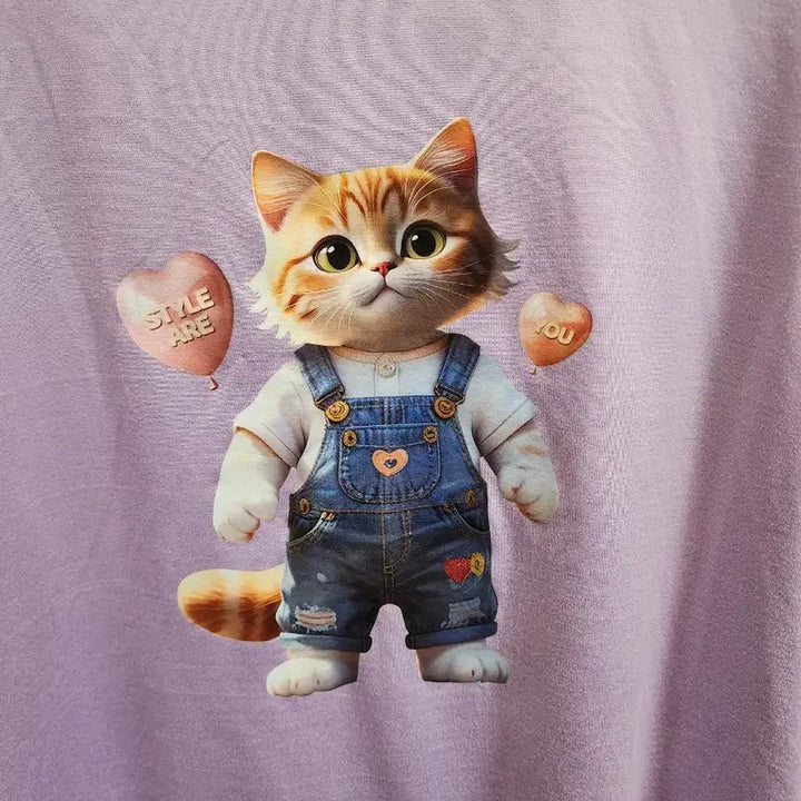 [BUNJANG] Cat Print Purple T-shirt / 고양이 스판 반팔티 (빅사이즈) (3xl ~ 4xl)