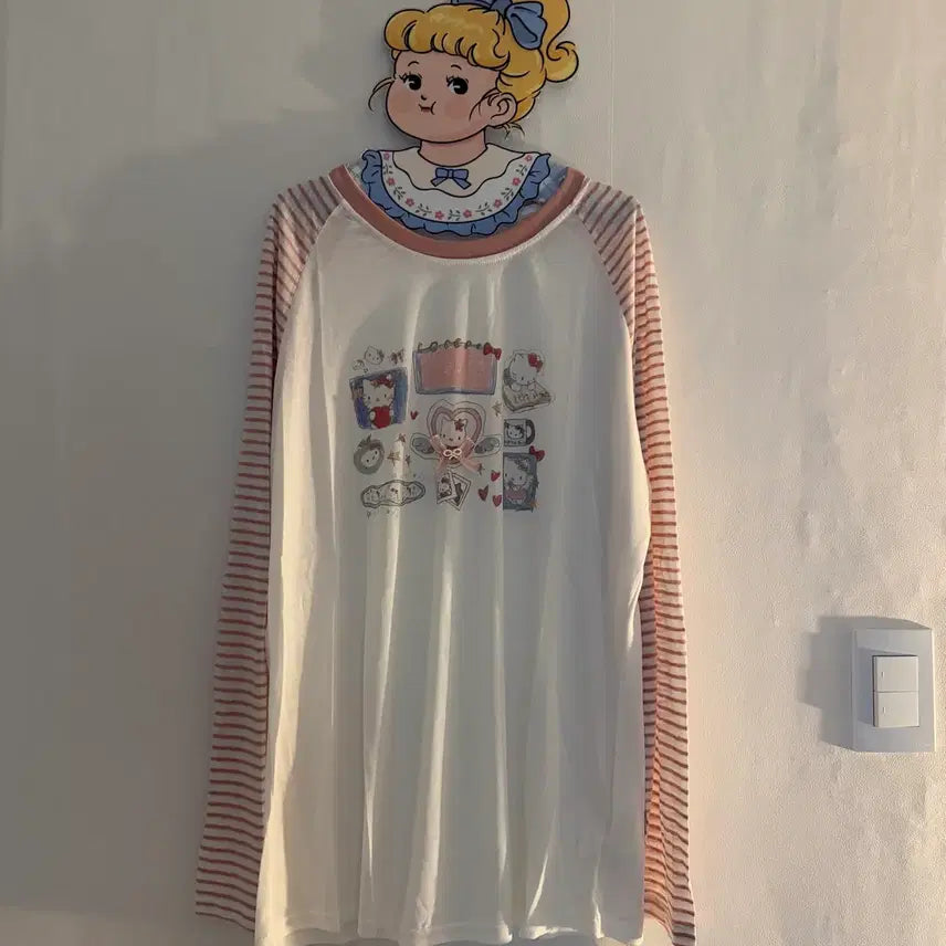 [BUNJANG] Kitty Ribbon Striped Long Sleeve Vintage Tee / 키티 리본 스트라이프 긴팔티 빈티지