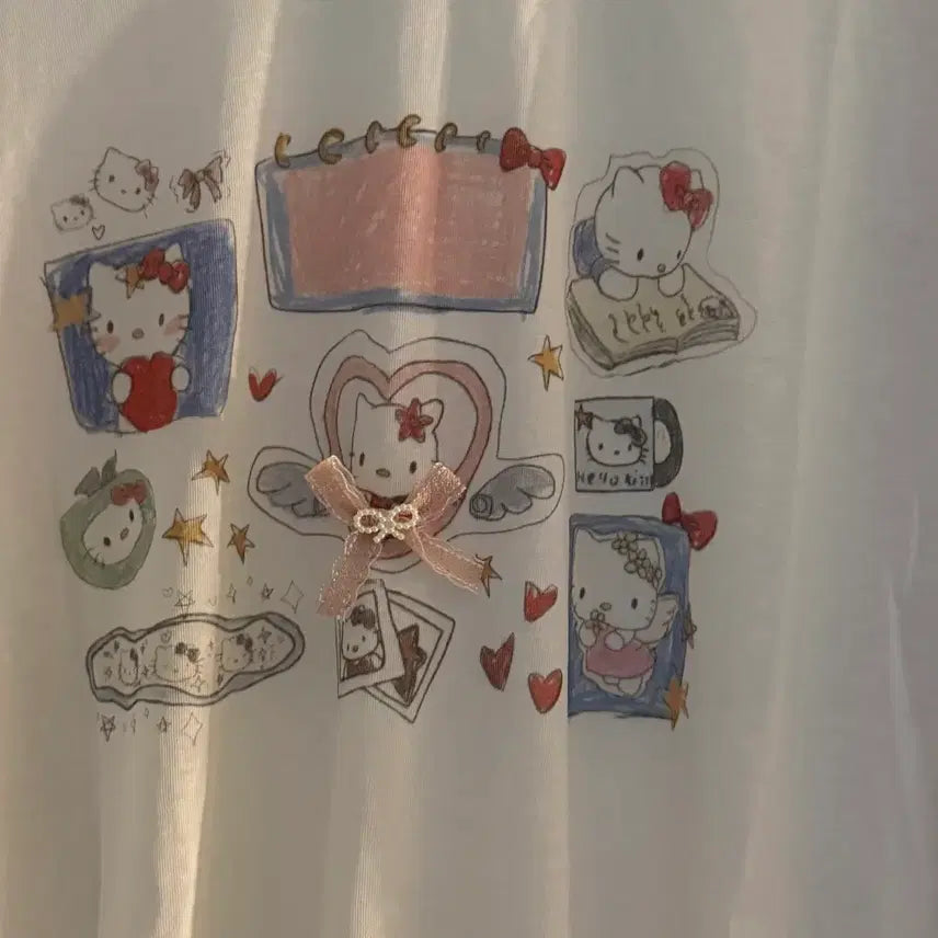 [BUNJANG] Kitty Ribbon Striped Long Sleeve Vintage Tee / 키티 리본 스트라이프 긴팔티 빈티지