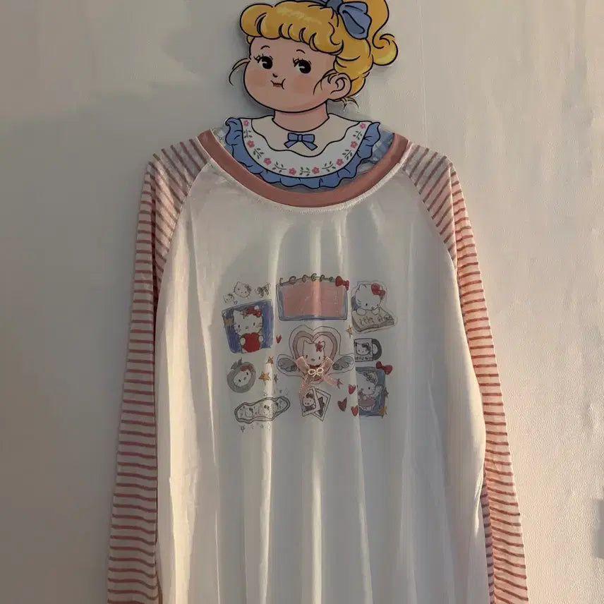 [BUNJANG] Kitty Ribbon Striped Long Sleeve Vintage Tee / 키티 리본 스트라이프 긴팔티 빈티지