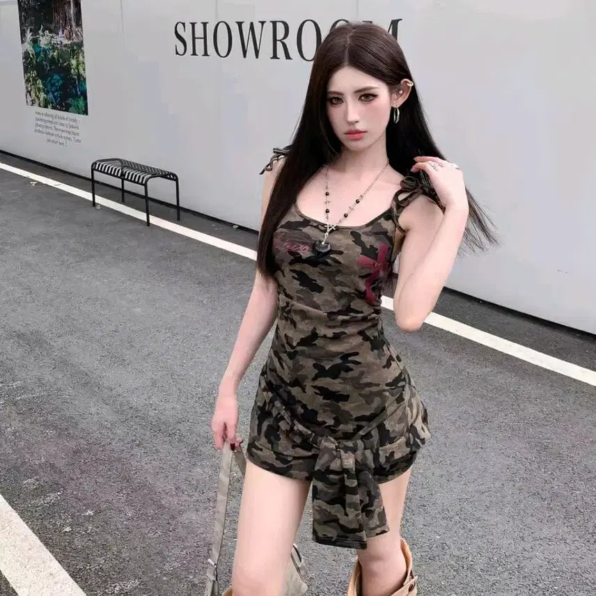 [BUNJANG] Y2K Camo Mini Dress / 밀리터리원피스 나시원피스 카모원피스 페스티벌룩 y2k 아이돌 클럽룩