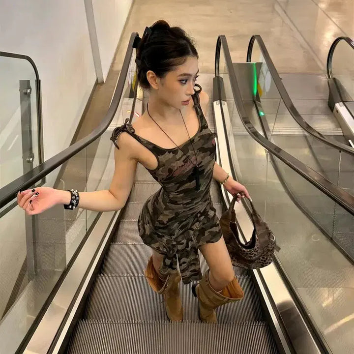 [BUNJANG] Y2K Camo Mini Dress / 밀리터리원피스 나시원피스 카모원피스 페스티벌룩 y2k 아이돌 클럽룩