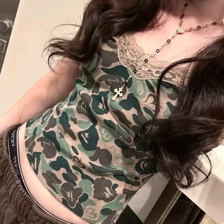 [BUNJANG] Y2K Camouflage Lace Crop Top / 밀리터리나시 레이스나시 y2k 카모나시 밀리터리룩 페스티벌룩 갸루 크롭탑